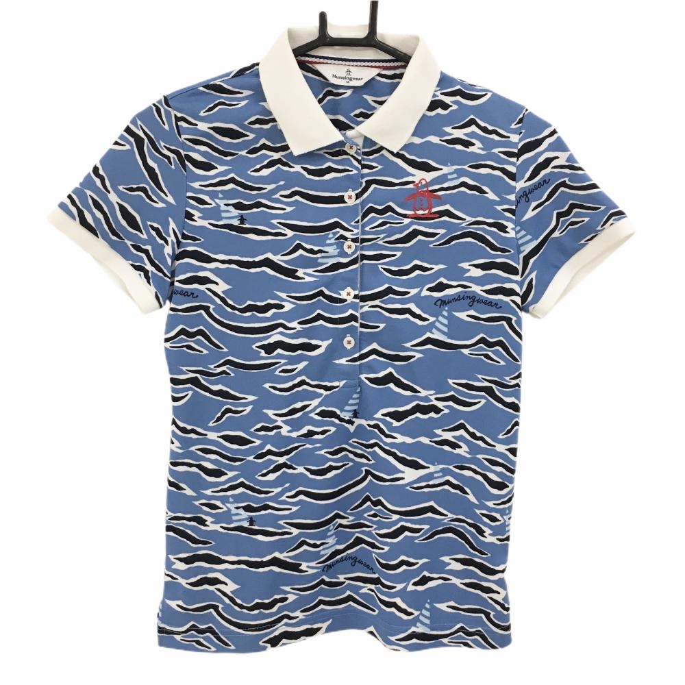 マンシングウェア 半袖ポロシャツ ブルー×ネイビー 総柄 レディース M ゴルフウェア Munsingwear