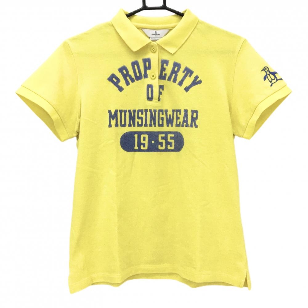 マンシングウェア 半袖ポロシャツ イエロー×ブルーグレー フロント英字 レディース LL ゴルフウェア Munsingwear