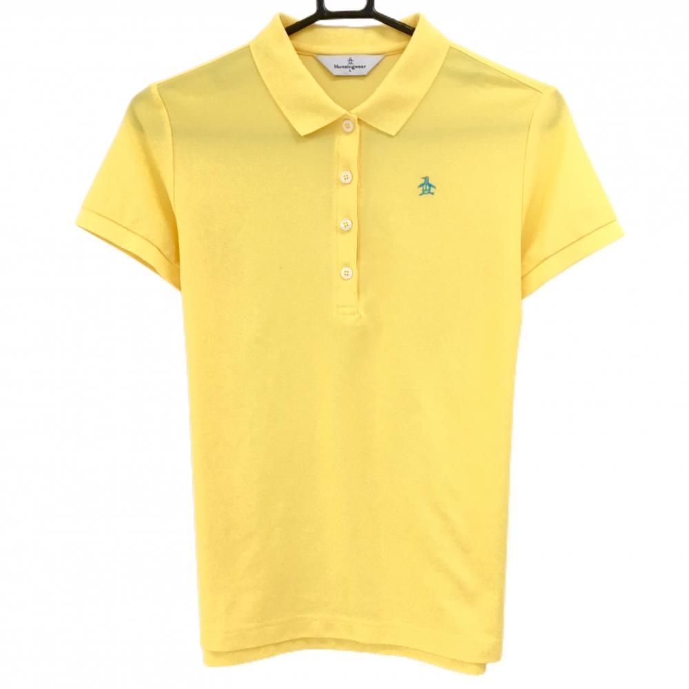 【美品】マンシングウェア 半袖ポロシャツ イエロー×ライトブルー 胸ロゴ刺しゅう レディース L ゴルフウェア Munsingwear