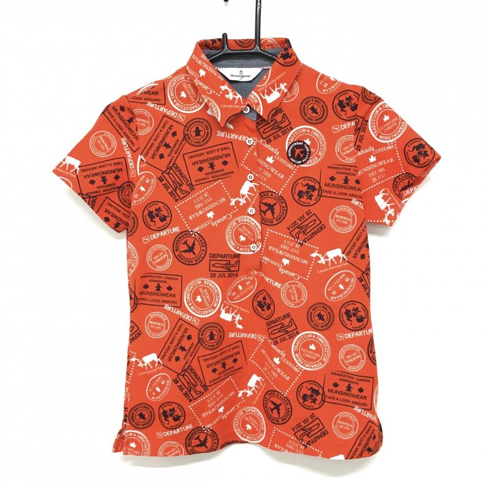 【超美品】マンシングウェア 半袖ポロシャツ レッド×白×黒 総柄 飛行機 ペンギン レディース M ゴルフウェア Munsingwear