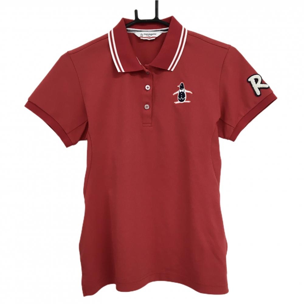 【美品】マンシングウェア 半袖ポロシャツ レッド×白 胸元ロゴ 袖ワッペン レディース L ゴルフウェア Munsingwear