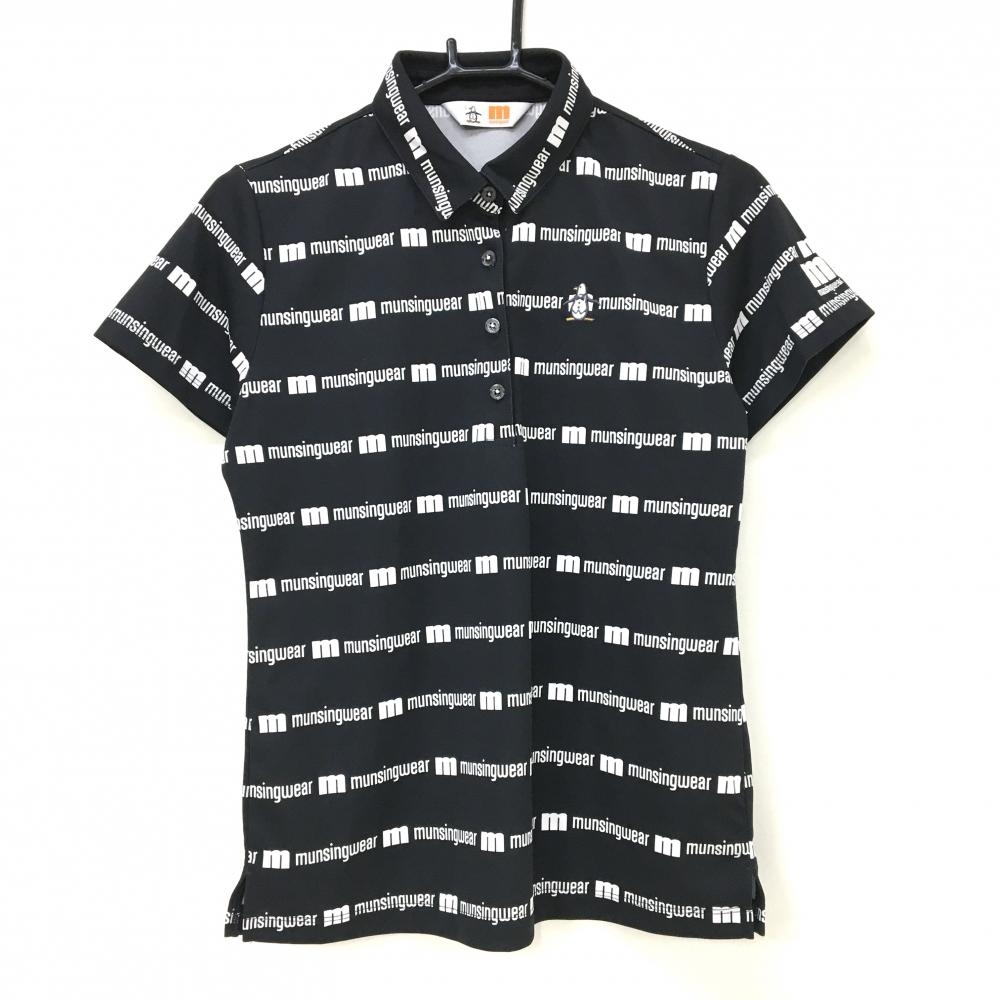 【超美品】マンシングウェア 半袖ポロシャツ 黒×白 ロゴボーダー ロゴ刺しゅう レディース L ゴルフウェア Munsingwear