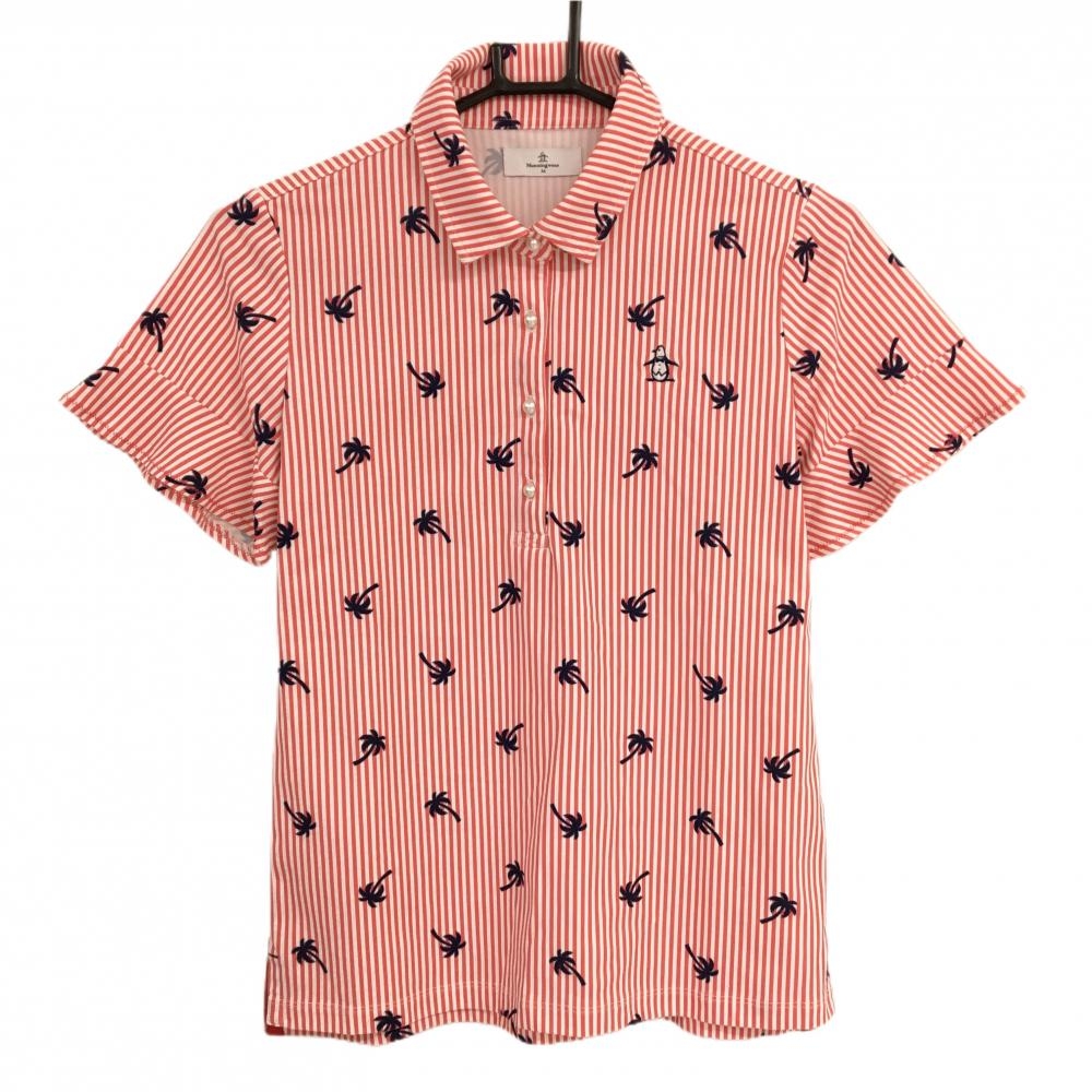 【美品】マンシングウェア 半袖ポロシャツ レッドピンク系×白 ストライプ ヤシの木総柄  レディース M ゴルフウェア Munsingwear