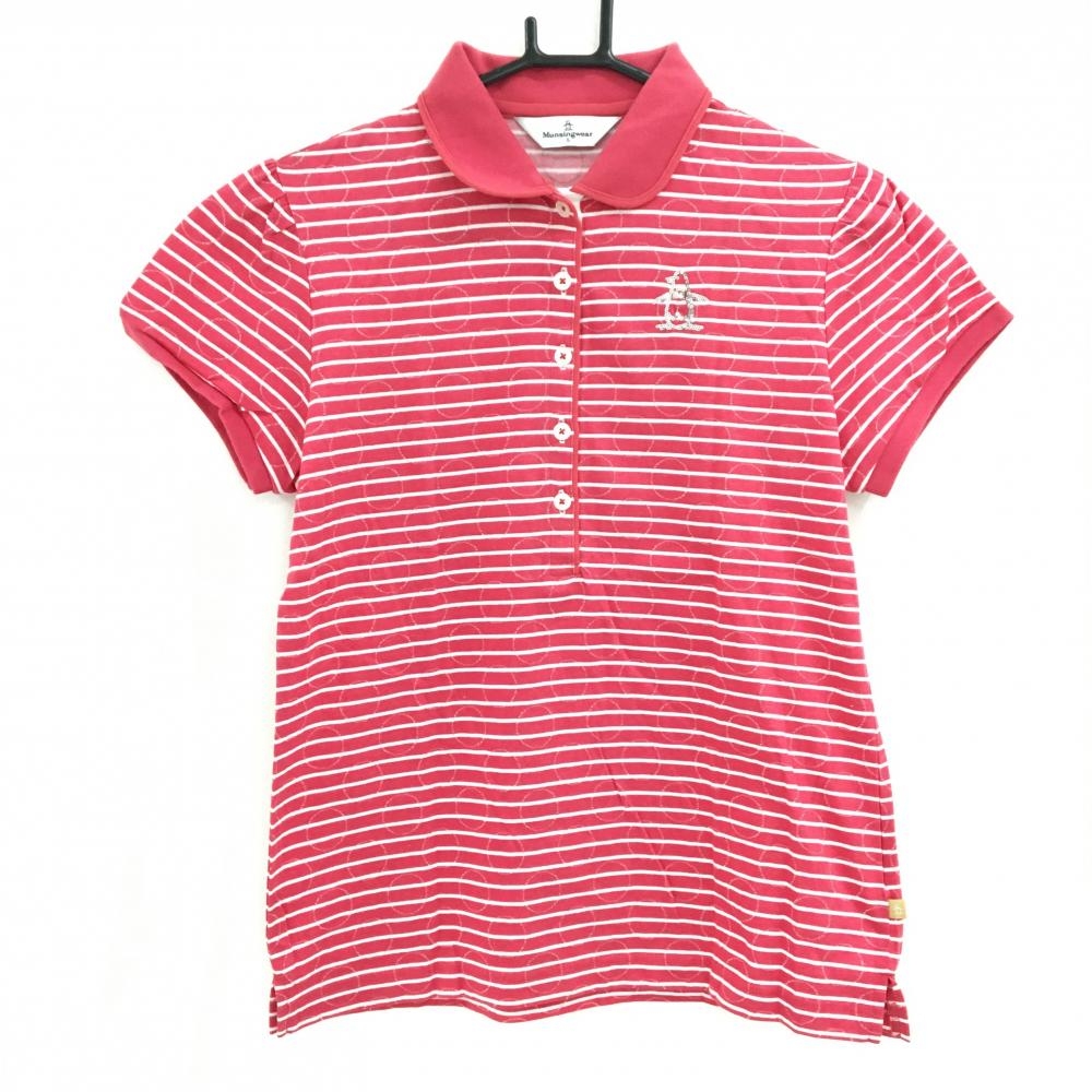 マンシングウェア 半袖ポロシャツ レッド×白 ボーダー ドット レディース L ゴルフウェア Munsingwear