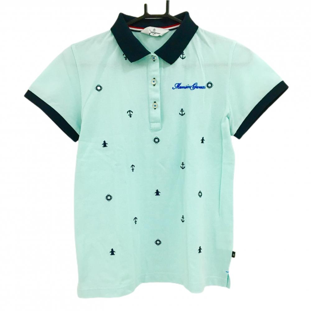 マンシングウェア 半袖ポロシャツ ライトブルー×ネイビー 前身頃イカリ柄 レディース L ゴルフウェア Munsingwear