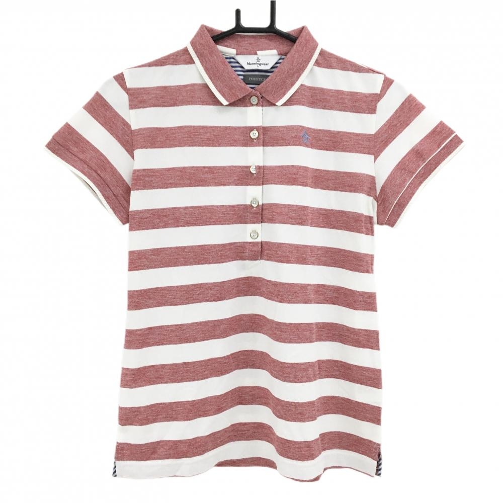 【超美品】マンシングウェア 半袖ポロシャツ レッド×白 ボーダー  レディース L ゴルフウェア Munsingwear