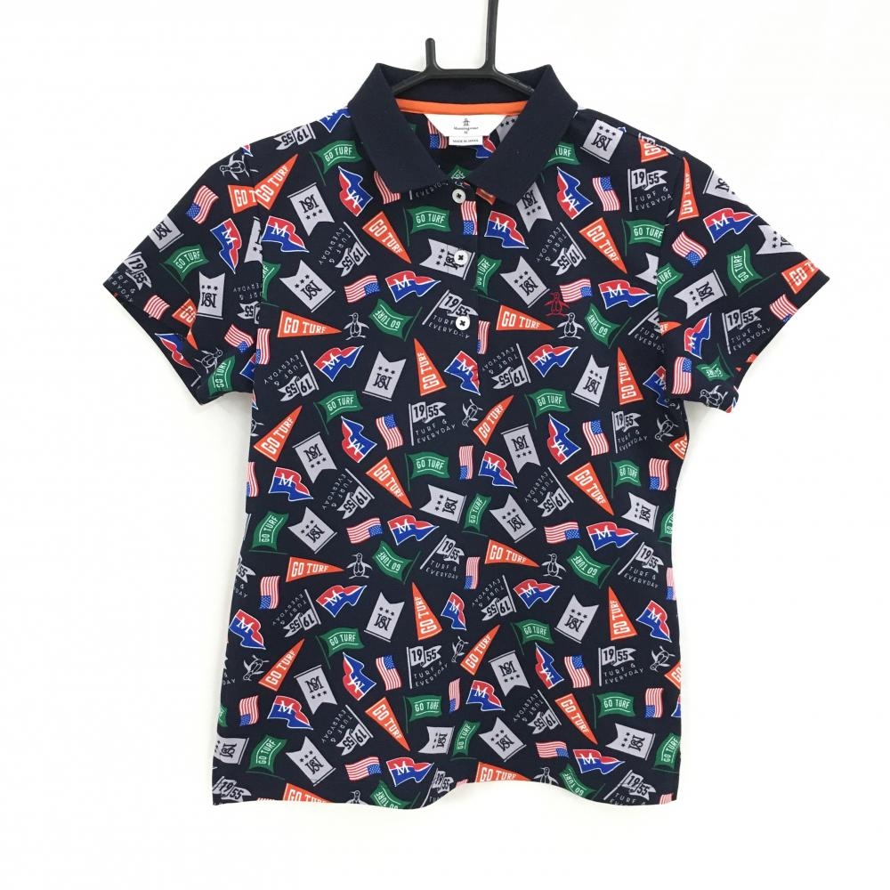 【超美品】マンシングウェア 半袖ポロシャツ ダークネイビー×マルチカラー 総柄 フラッグ レディース M ゴルフウェア Munsingwear