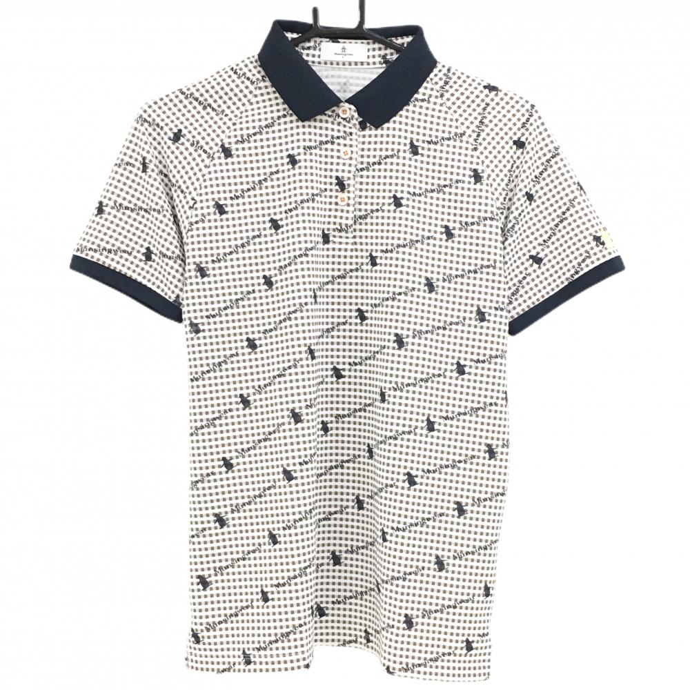 【超美品】マンシングウェア 半袖ポロシャツ 白×ネイビー チェック織生地 ロゴ総柄  レディース L ゴルフウェア Munsingwear