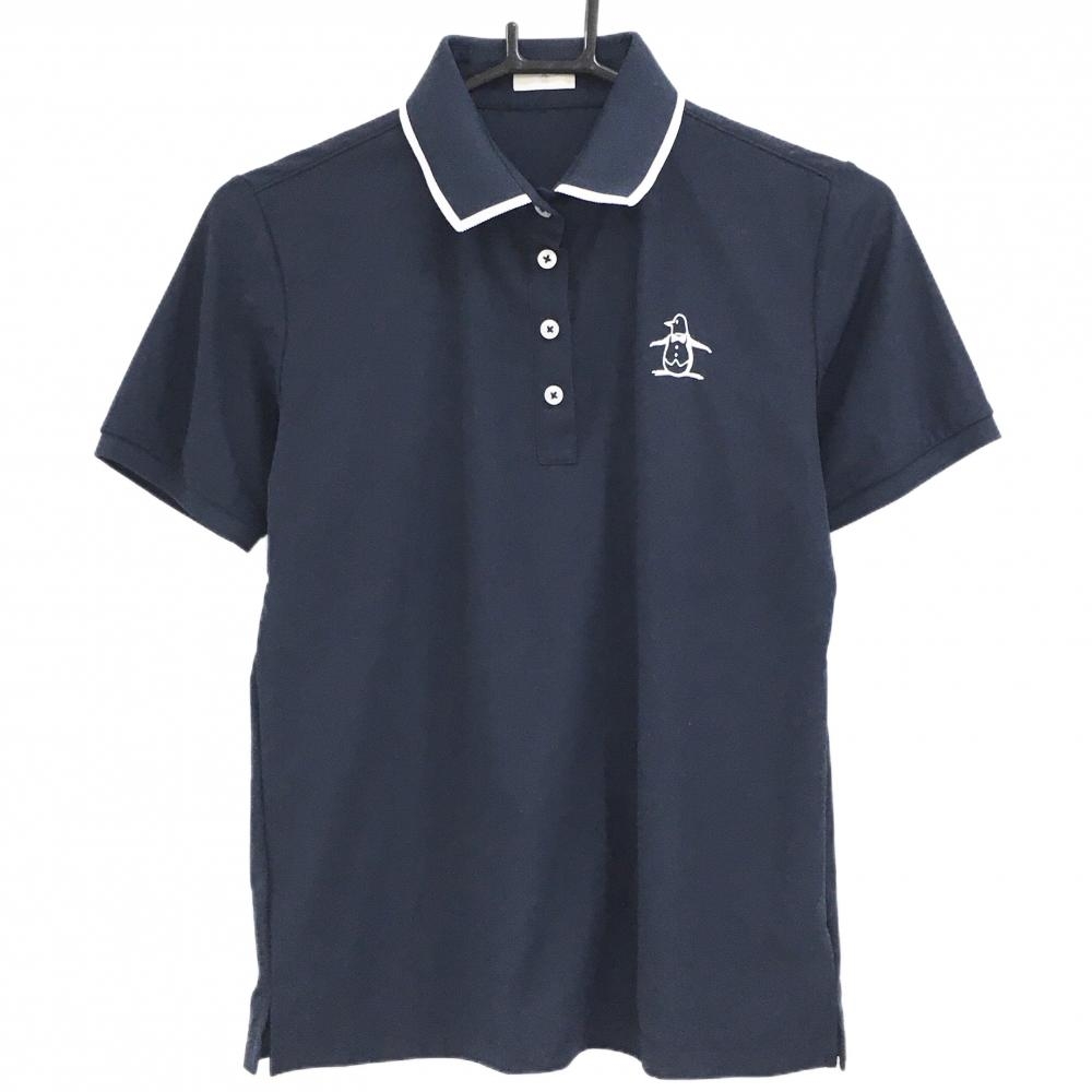 【超美品】マンシングウェア 半袖ポロシャツ ネイビー×白 ペンギン刺しゅう 襟ライン  レディース M ゴルフウェア Munsingwear