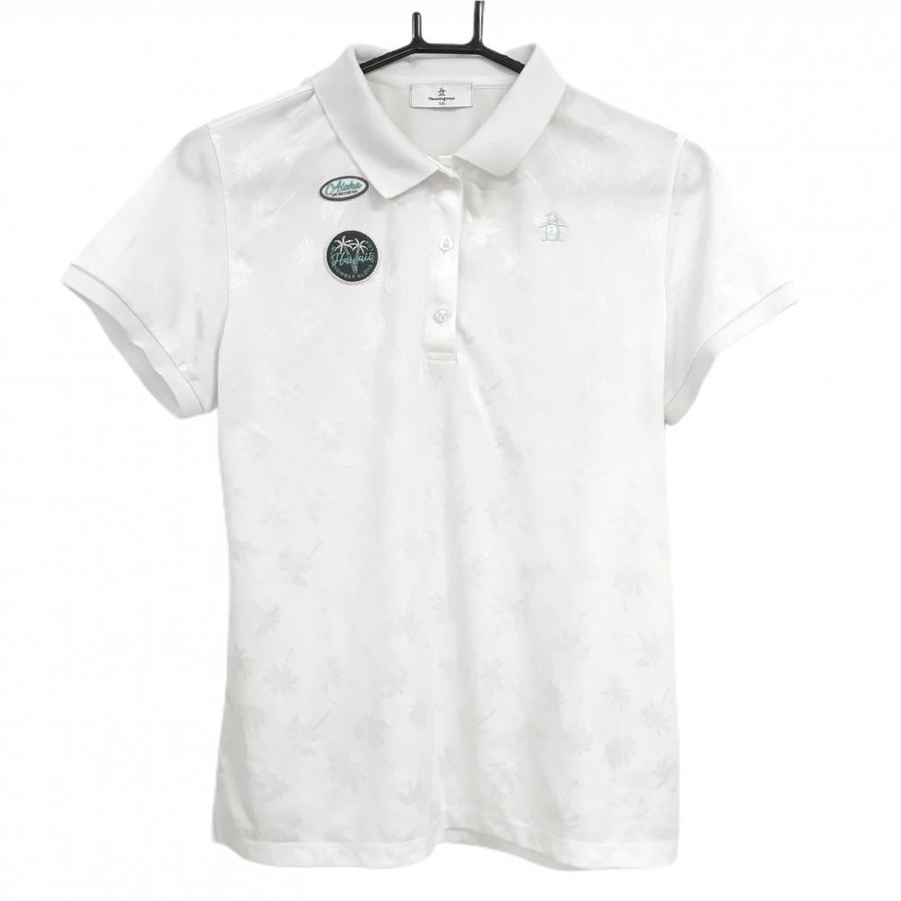 マンシングウェア 半袖ポロシャツ 白 ヤシの木地模様 胸元ワッペン  レディース LL ゴルフウェア Munsingwear