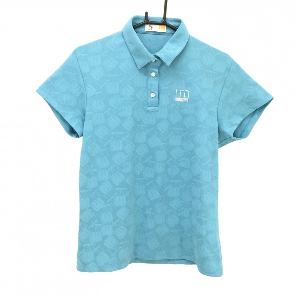 【美品】マンシングウェア 半袖ポロシャツ ライトブルー 総柄 ロゴシルバー  レディース LL ゴルフウェア Munsingwear