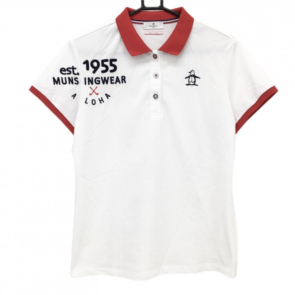 【美品】マンシングウェア 半袖ポロシャツ 白×レッド 立体ロゴ刺しゅう 襟裏ライン レディース LL ゴルフウェア Munsingwear