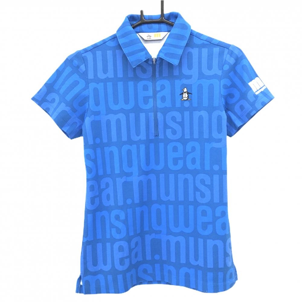 【超美品】マンシングウェア 半袖ポロシャツ ブルー 総柄 ハーフジップ  レディース M ゴルフウェア Munsingwear
