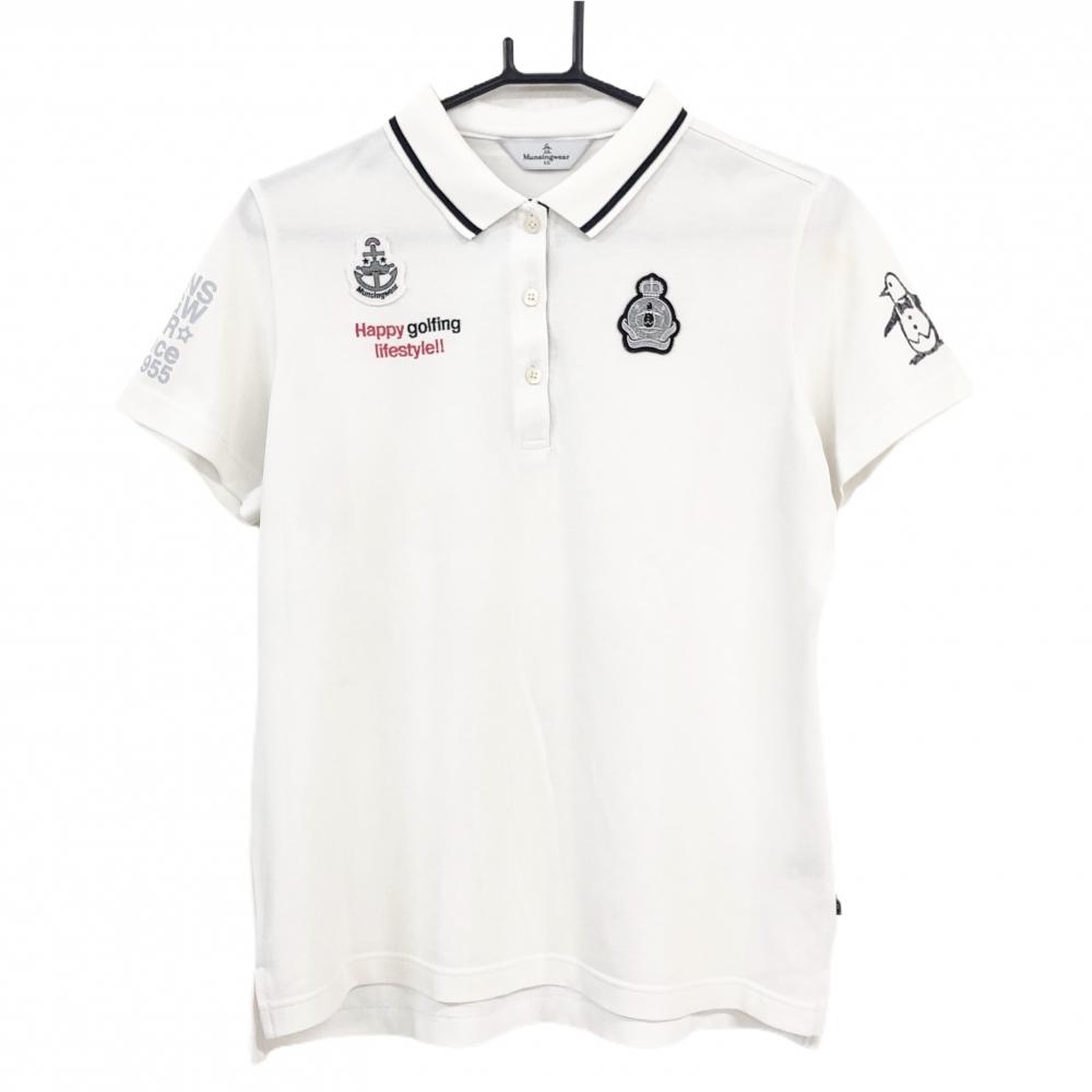 マンシングウェア 半袖ポロシャツ 白×ダークネイビー レディース LL ゴルフウェア Munsingwear