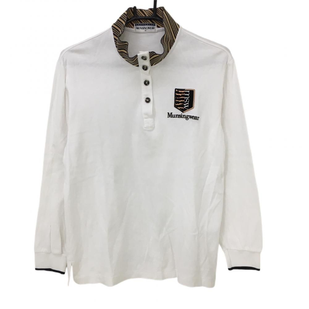 マンシングウェア 長袖ポロシャツ 白×黒 襟斜めストライプ ロゴ刺しゅう レディース M ゴルフウェア Munsingwear