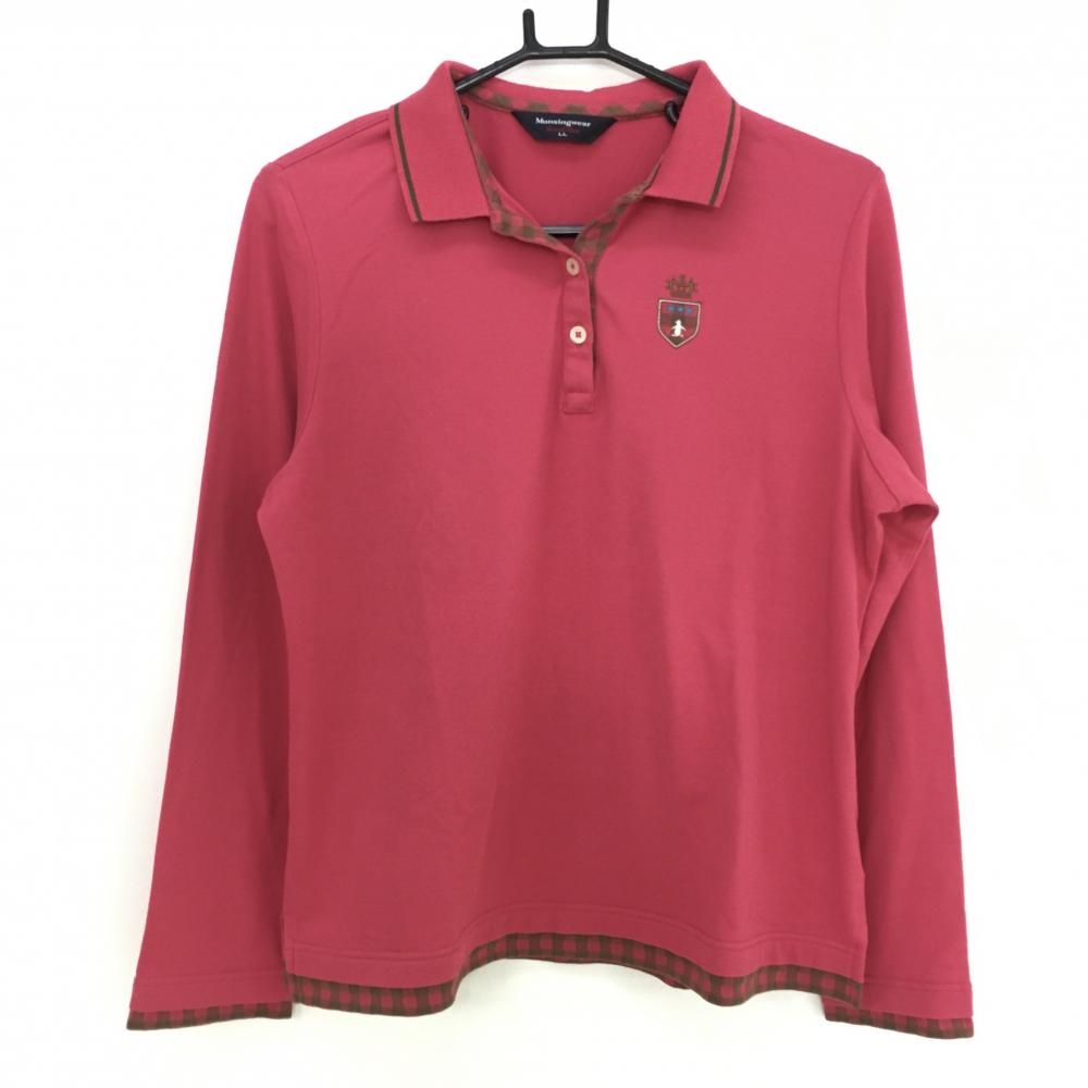 【美品】マンシングウェア 長袖ポロシャツ レッドピンク×ブラウン 一部チェック柄 ロゴワッペン レディース LL ゴルフウェア Munsingwear