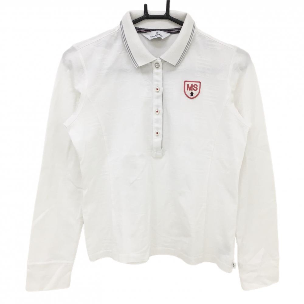 マンシングウェア 長袖ポロシャツ 白 総柄 織生地 ロゴワッペン  レディース M ゴルフウェア Munsingwear