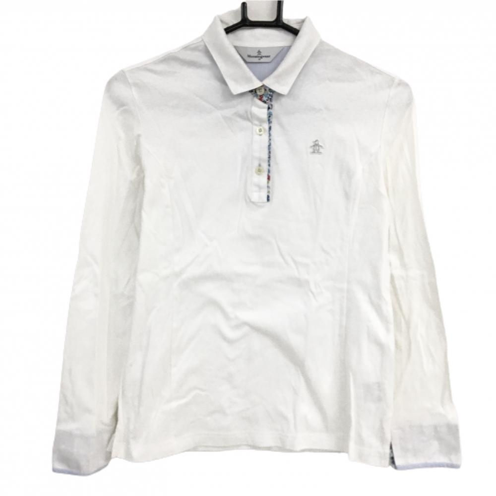 【美品】マンシングウェア 長袖ポロシャツ 白×ブルー 一部花柄 ロゴワッペン レディース M ゴルフウェア Munsingwear