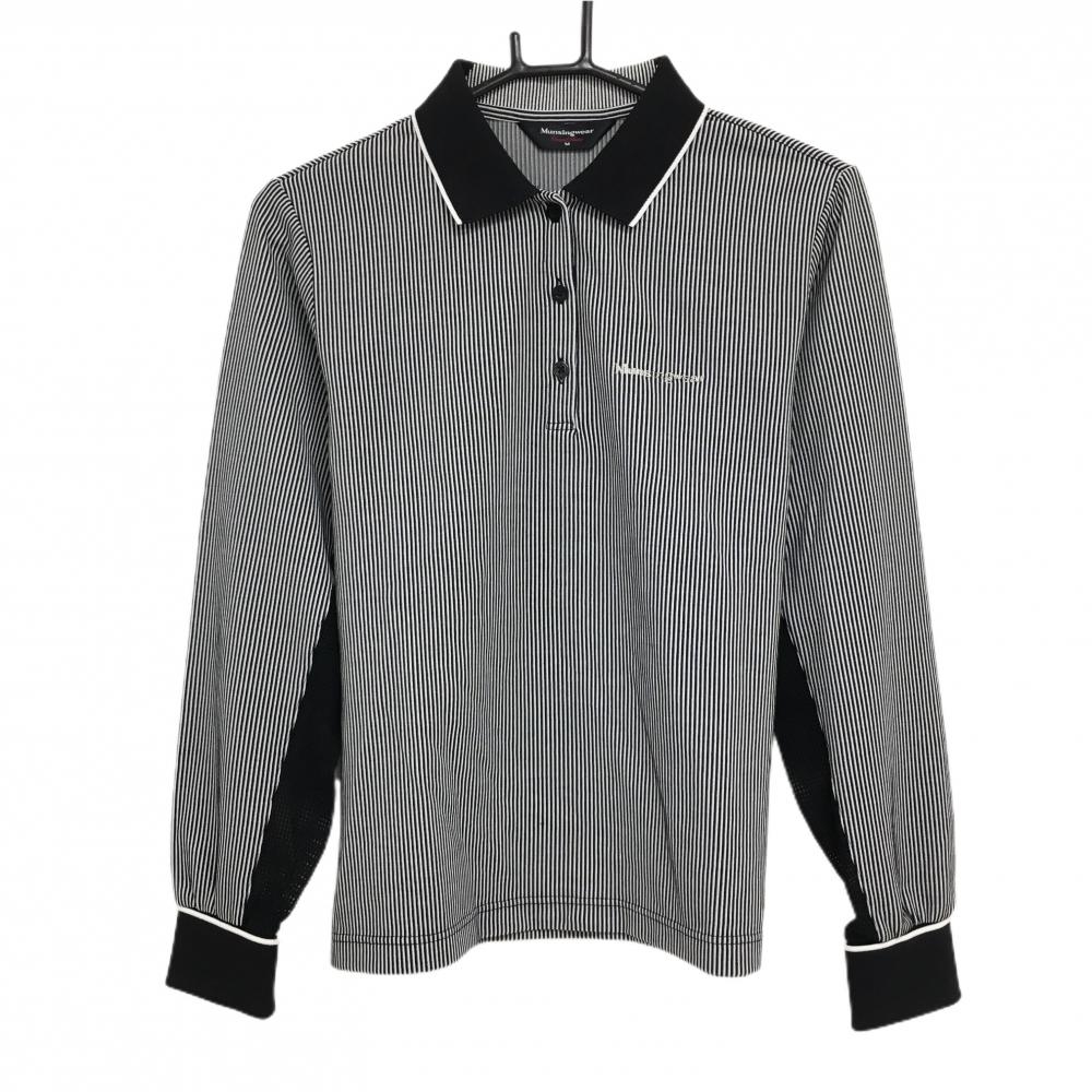 【美品】マンシングウェア 長袖ポロシャツ 黒×白 細ストライプ 袖下メッシュ レディース M ゴルフウェア Munsingwear