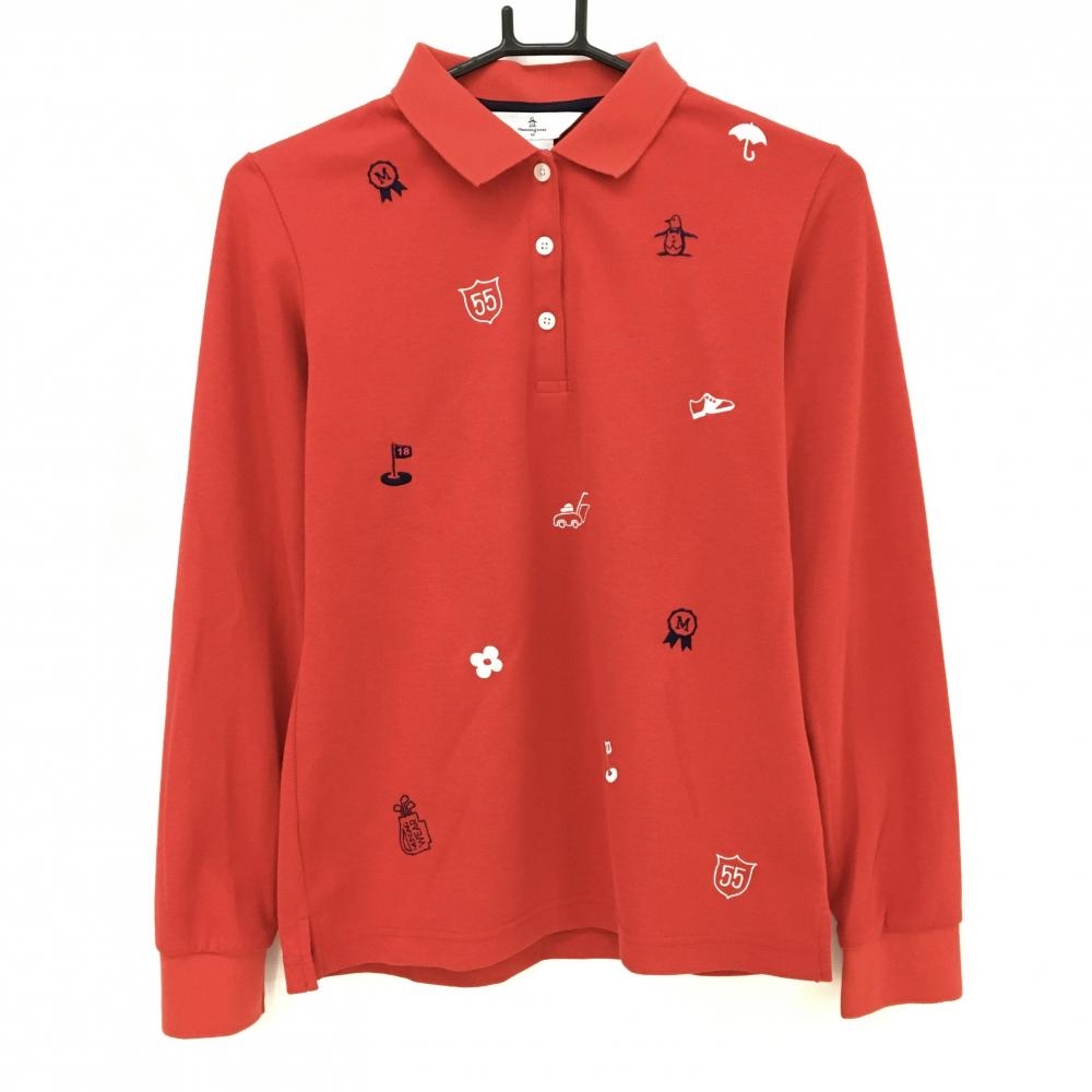 【美品】マンシングウェア 長袖ポロシャツ レッド×白×ネイビー 前身頃総柄刺しゅう  レディース M ゴルフウェア Munsingwear