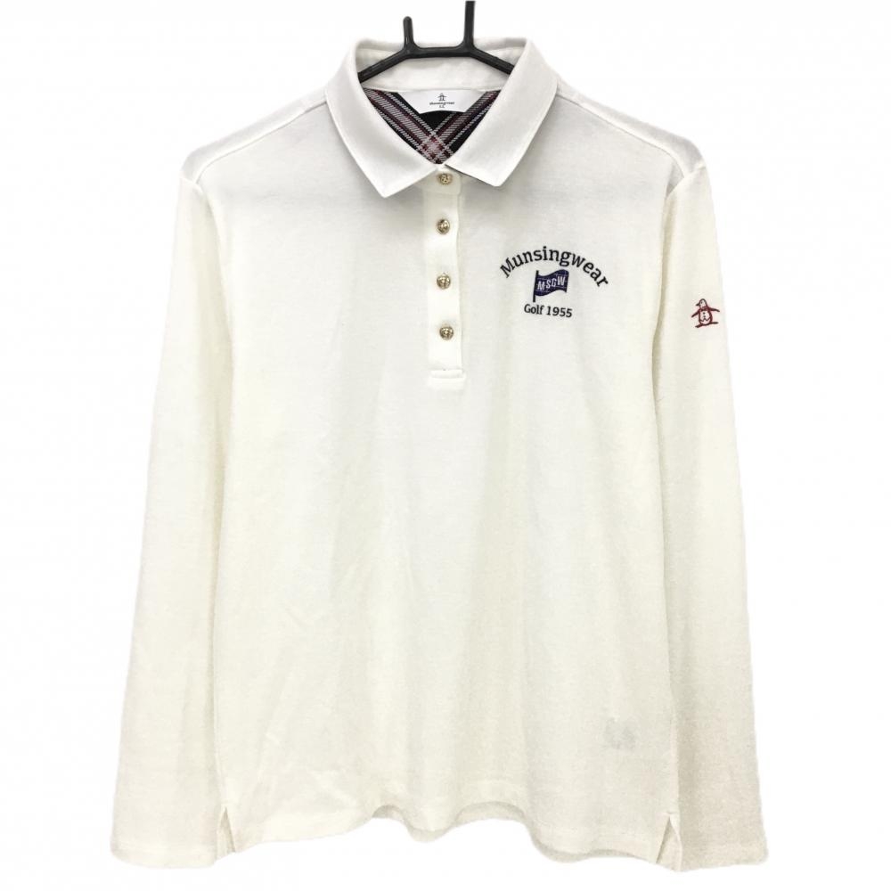 【美品】マンシングウェア 長袖ポロシャツ 白 襟裏チェック フラッグ刺しゅう レディース LL ゴルフウェア 2024年モデル Munsingwear
