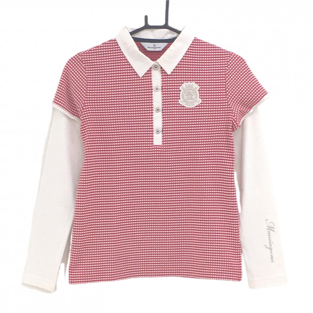 【美品】マンシングウェア 長袖ポロシャツ 白×レッド 格子柄 重ね着風  レディース M ゴルフウェア Munsingwear