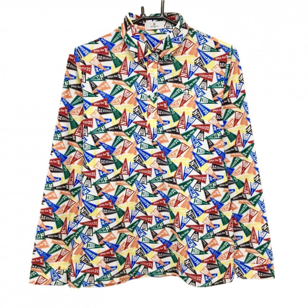 【美品】マンシングウェア 長袖ポロシャツ 白×マルチカラー フラッグ総柄 レディース L ゴルフウェア Munsingwear