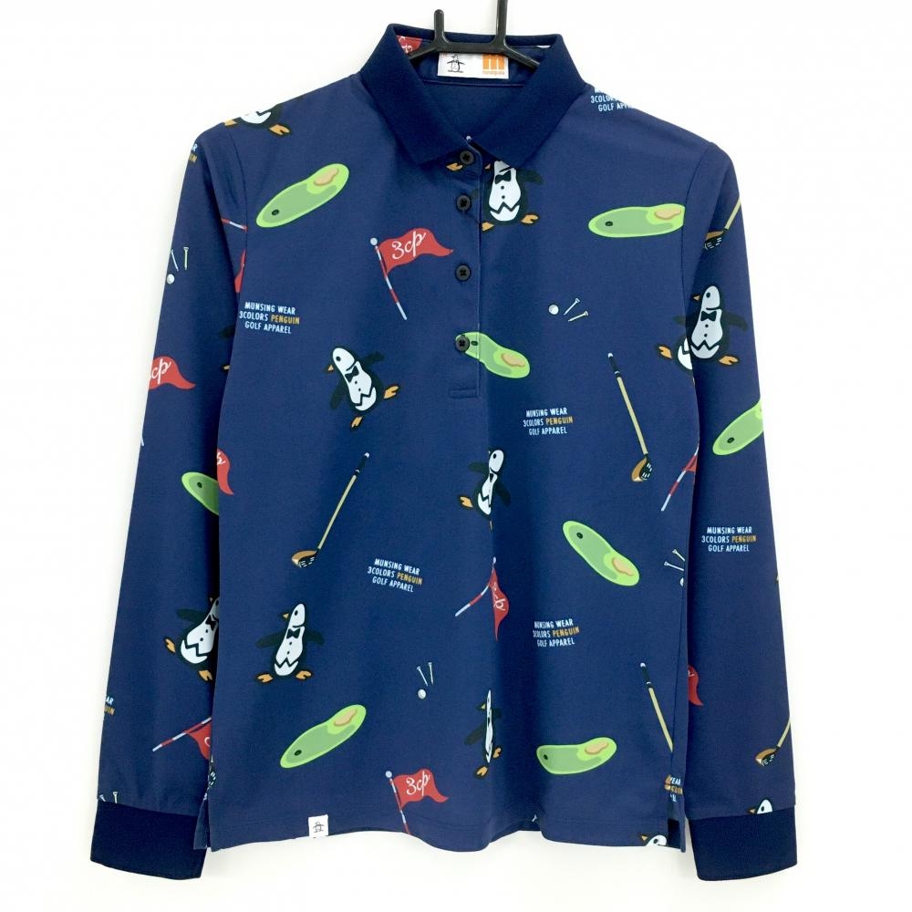 【新品】マンシングウェア 長袖ポロシャツ ネイビー×マルチカラー 総柄 ペンギン グリーン  レディース M ゴルフウェア Munsingwear