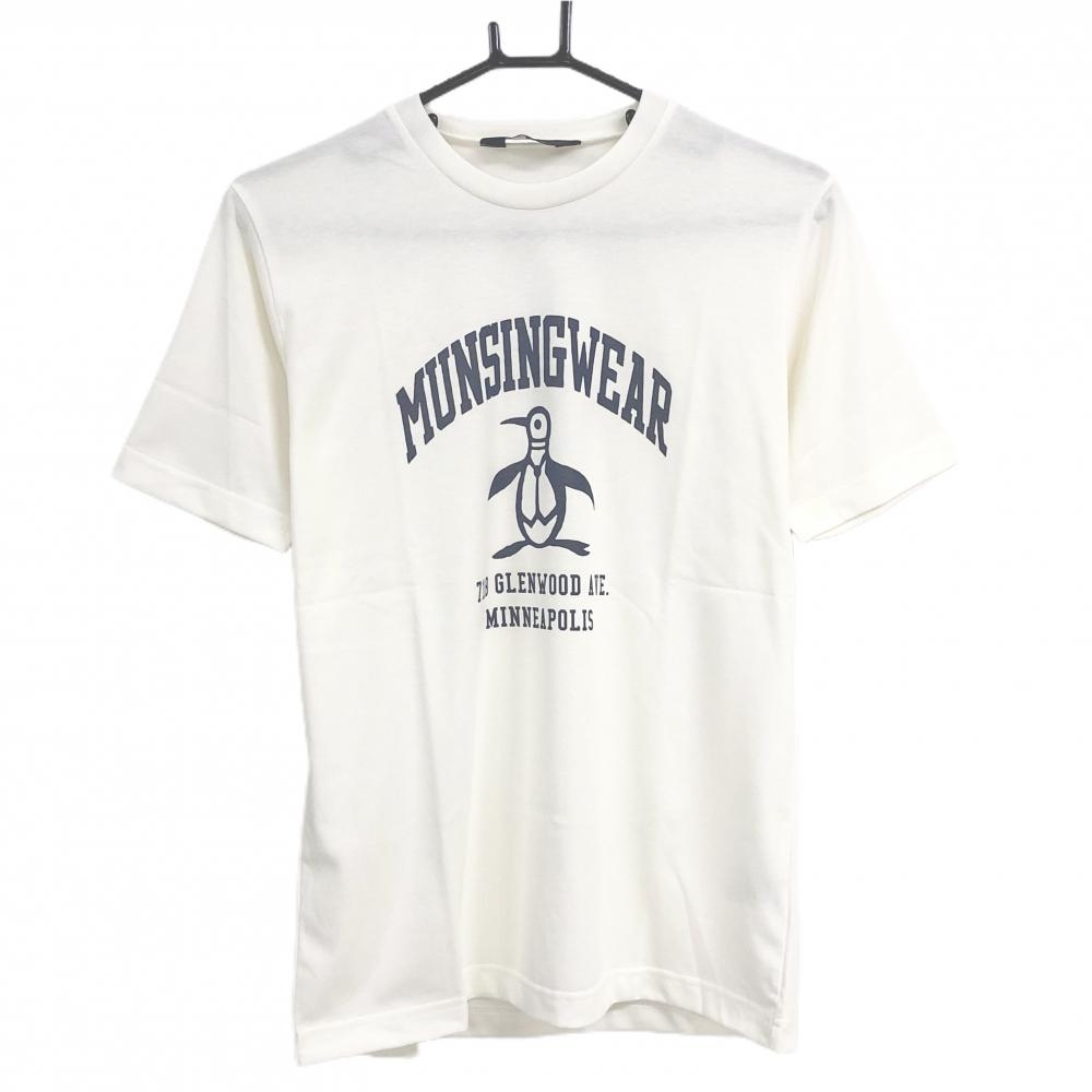 【超美品】マンシングウェア Tシャツ 白×ネイビー フロントロゴプリント レディース S ゴルフウェア Munsingwear