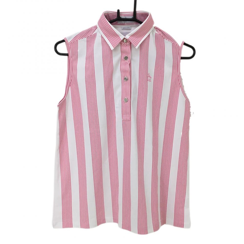 【新品】マンシングウェア ノースリーブポロシャツ ピンク×白 ストライプ レディース L ゴルフウェア Munsingwear 画像