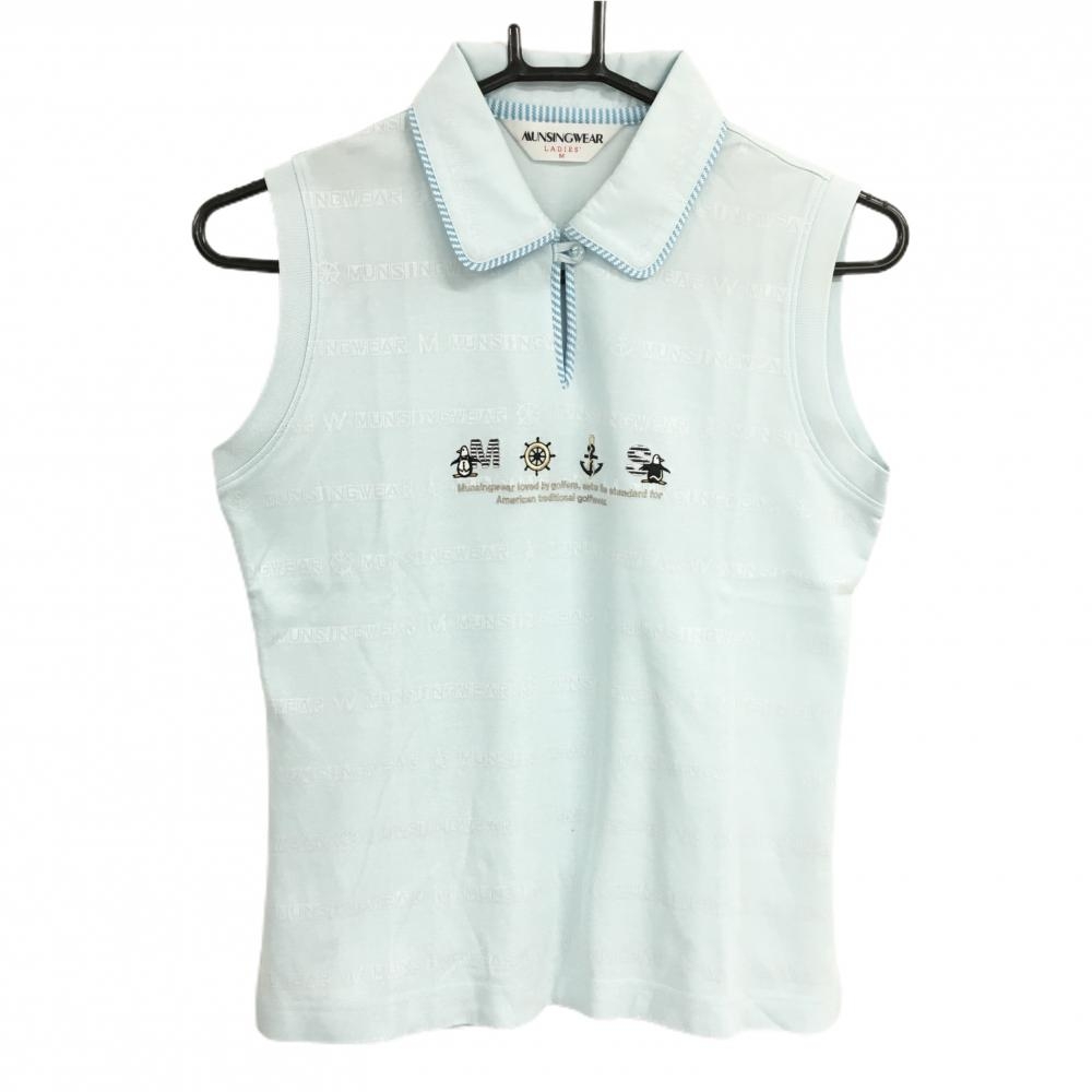 マンシングウェア ノースリーブポロシャツ ライトブルー ロゴ総柄 胸元刺しゅう レディース M ゴルフウェア Munsingwear
