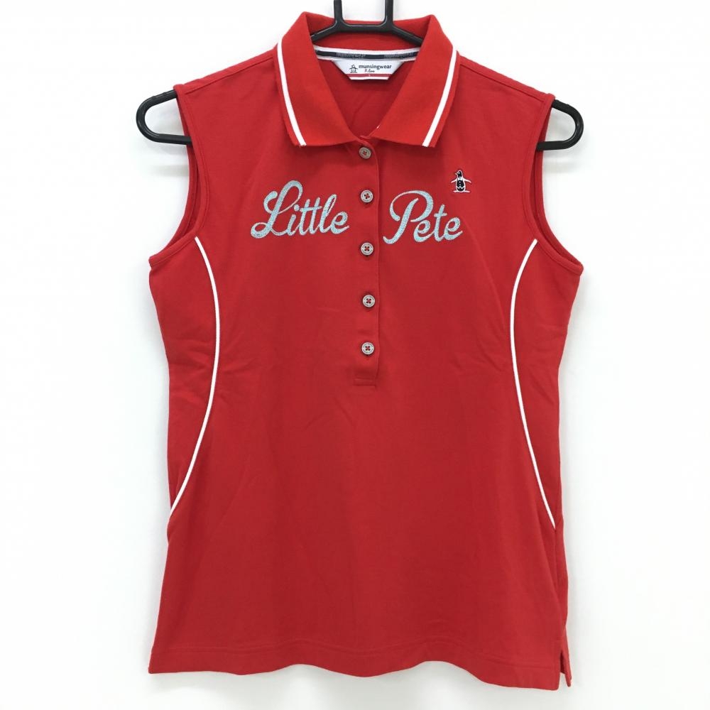【美品】マンシングウェア ノースリーブポロシャツ レッド×白 胸元ロゴ レディース L ゴルフウェア Munsingwear