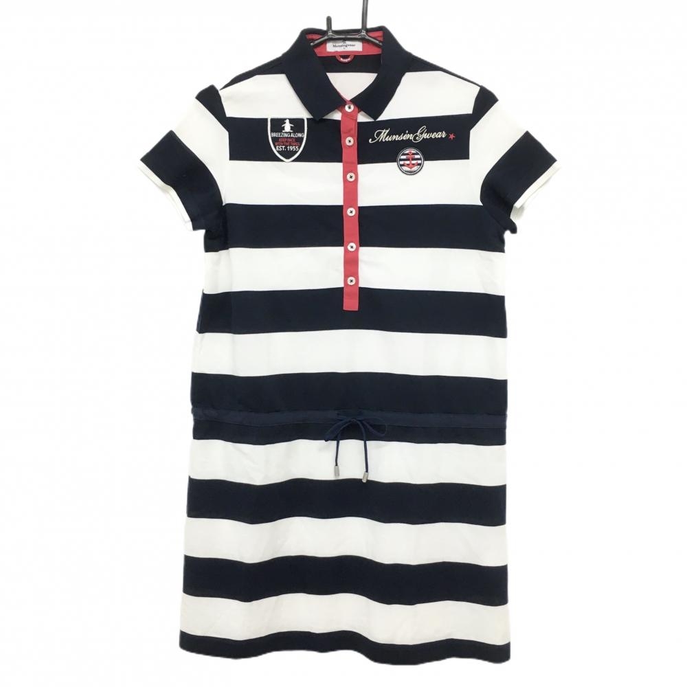 【美品】マンシングウェア 半袖ポロワンピース ネイビー×白 ボーダー レディース L ゴルフウェア Munsingwear
