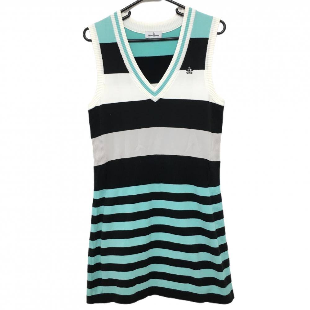 マンシングウェア ニットノースリーブワンピース 白×黒 ボーダー Vネック ロゴワッペン  レディース M ゴルフウェア Munsingwear