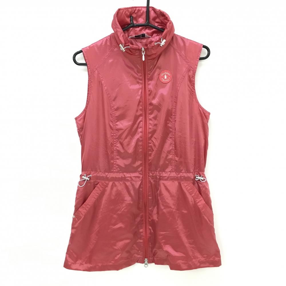 【美品】マンシングウェア ノースリーブワンピース レッドピンク 薄手 フルジップ ロゴワッペン レディース L ゴルフウェア Munsingwear