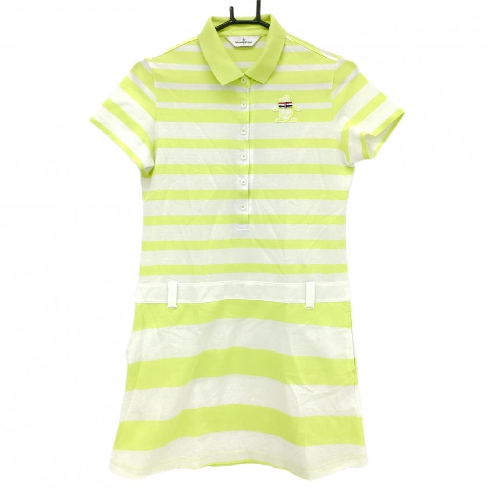 マンシングウェア 半袖ポロワンピース ライトグリーン×白 ボーダ柄 ロゴワッペン レディース M ゴルフウェア Munsingwear