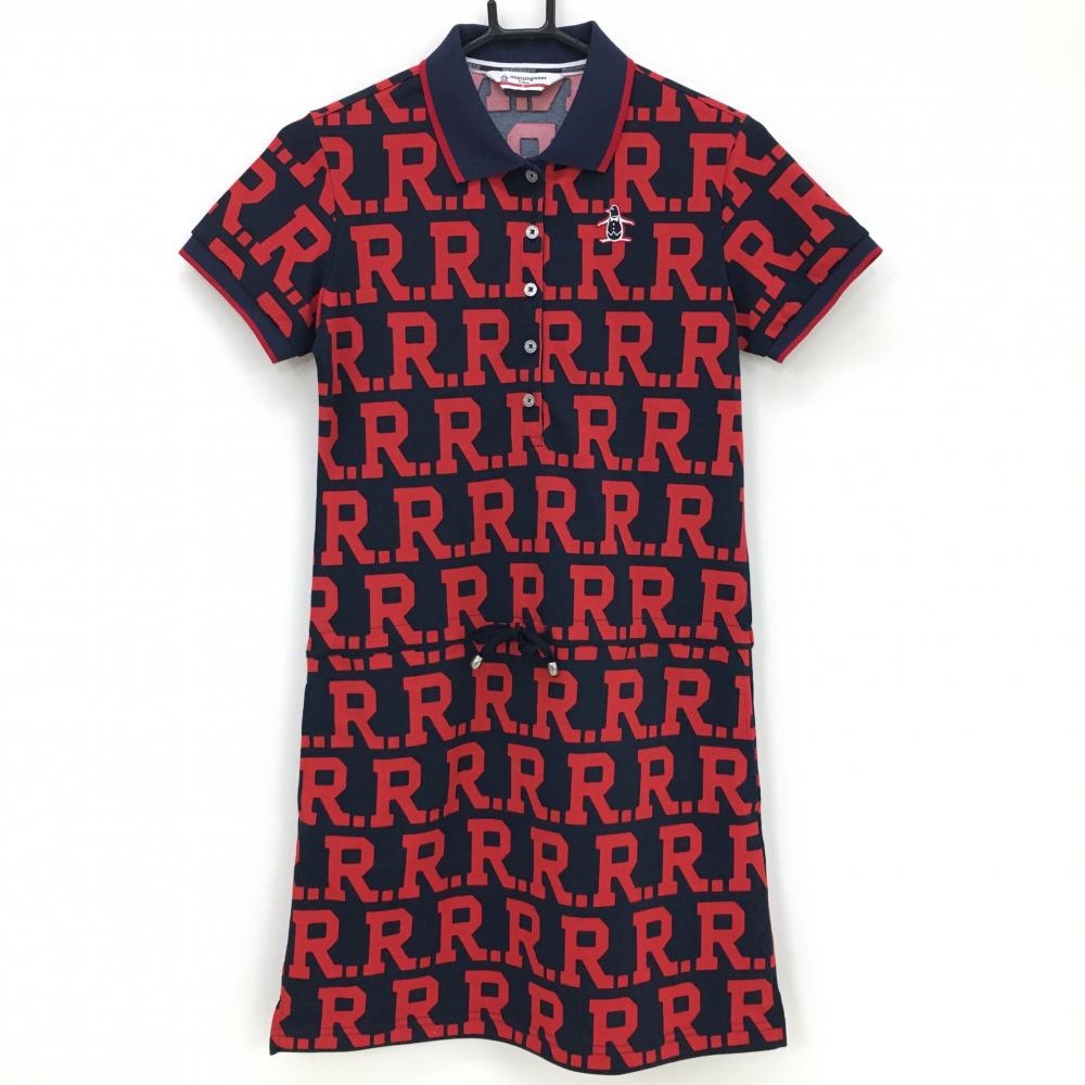 【美品】マンシングウェア 半袖ポロワンピース レッド×ネイビー 英字総柄 ロゴ刺しゅう レディース M ゴルフウェア Munsingwear
