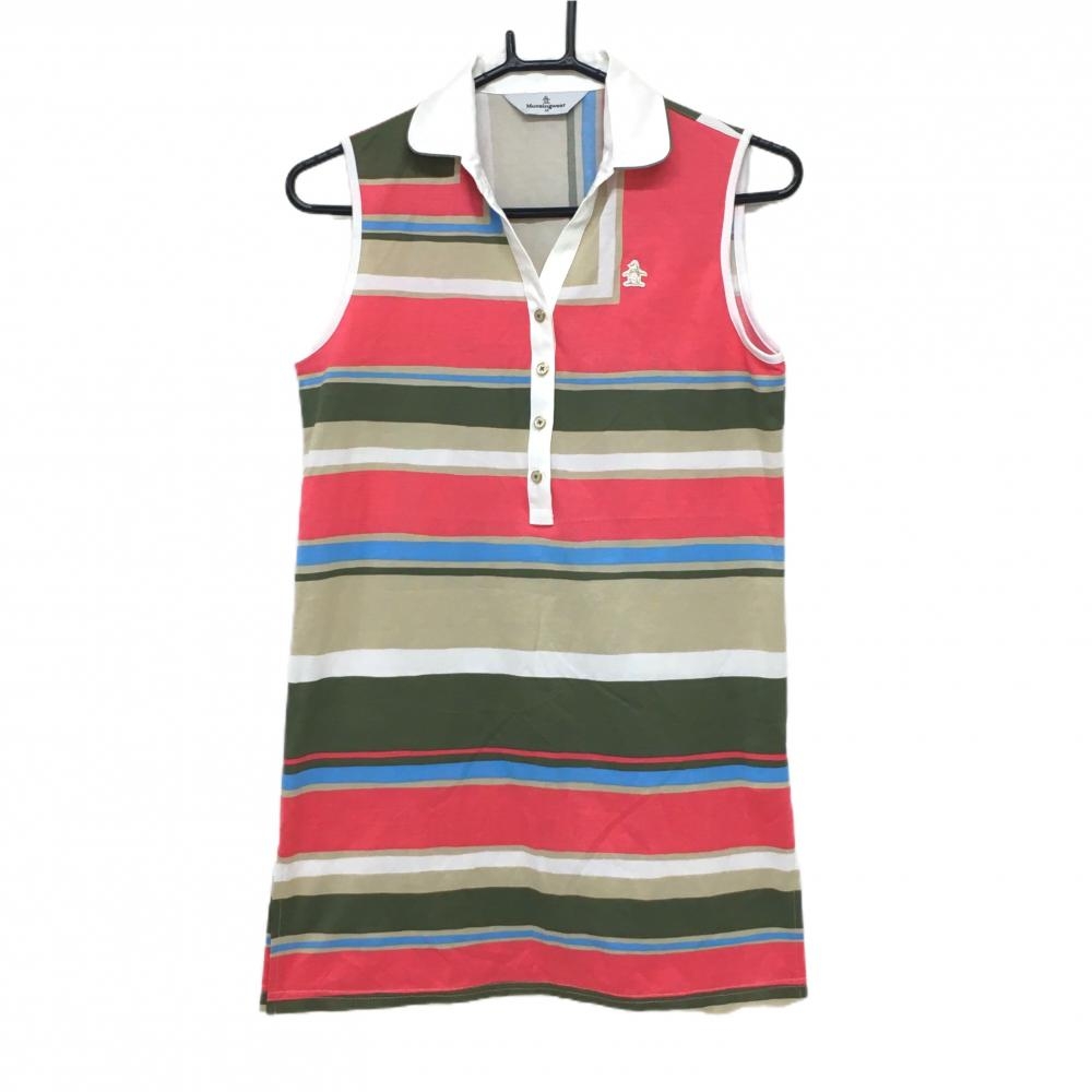 【美品】マンシングウェア ノースリーブポロワンピース ピンク×ベージュ ボーダー調 ロゴワッペン レディース M ゴルフウェア Munsingwear