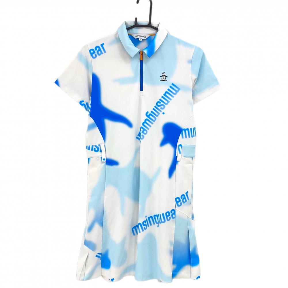 【超美品】マンシングウェア 半袖ポロワンピース 白×ブルー系 総柄 ペンギン レディース M ゴルフウェア 2024年モデル Munsingwear