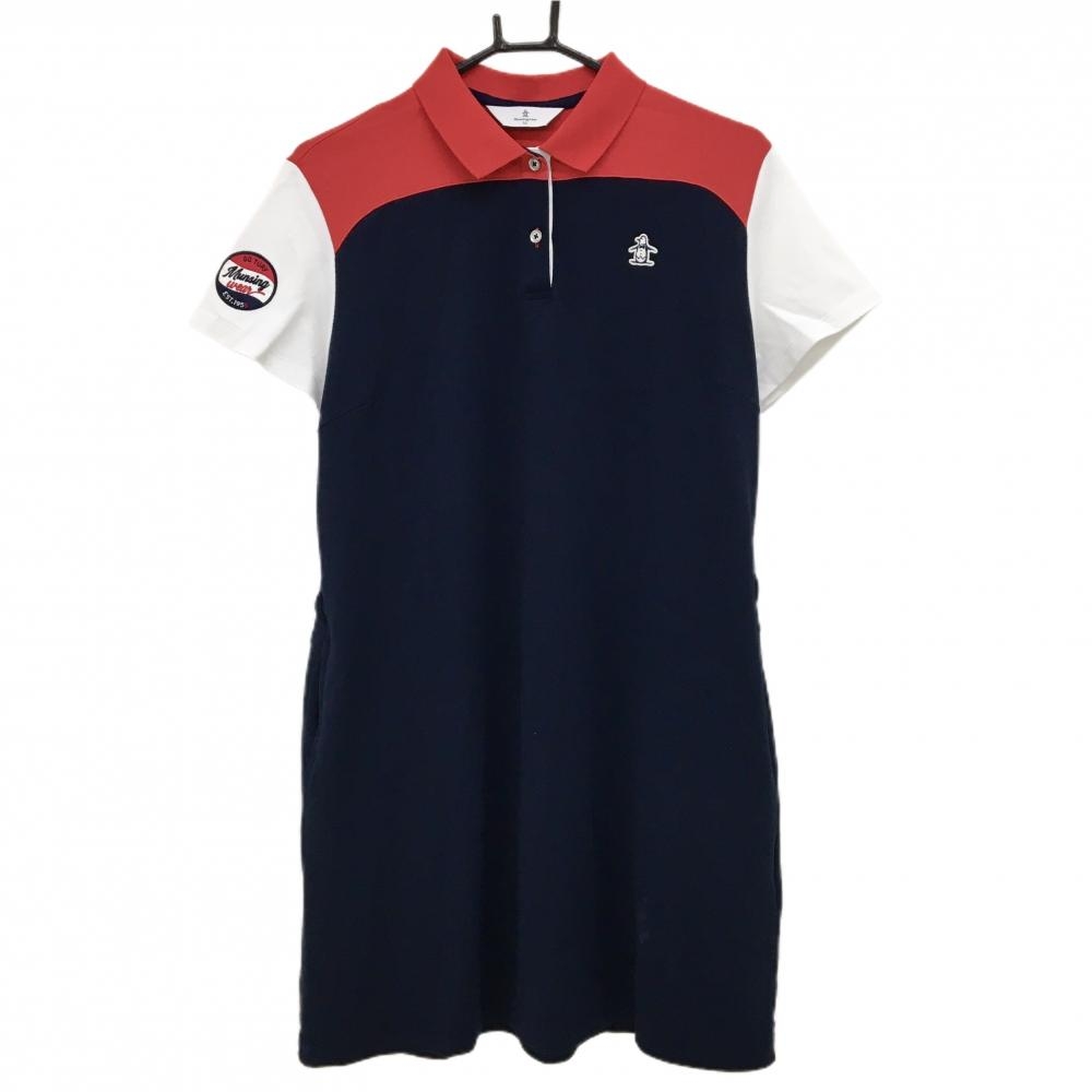 マンシングウェア 半袖ポロワンピース ネイビー×白×レッド ブロッキング ワッペン レディース LL ゴルフウェア Munsingwear