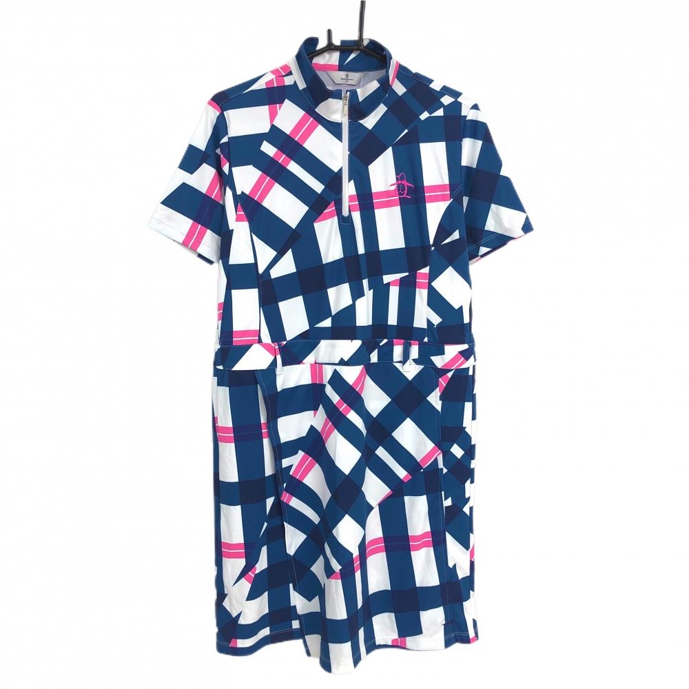 【新品】マンシングウェア 半袖ハイネックワンピース 白×ネイビー チェック風 レディース 3L ゴルフウェア 大きいサイズ Munsingwear