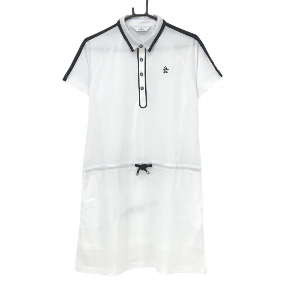 【超美品】マンシングウェア 半袖ポロワンピース 白×ネイビー 襟・袖ライン ロゴ刺しゅう レディース LL ゴルフウェア Munsingwear