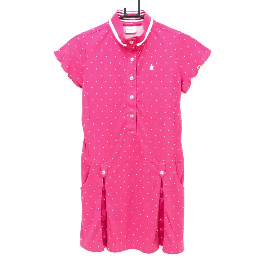 マンシングウェア 半袖ハイネックワンピース ピンク×白 ドット柄 胸元ロゴ レディース L ゴルフウェア Munsingwear