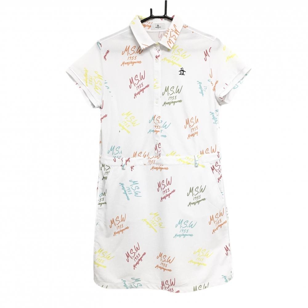 【超美品】マンシングウェア 半袖ポロワンピース 白×マルチカラー ロゴ総柄 裏地付 レディース L ゴルフウェア Munsingwear