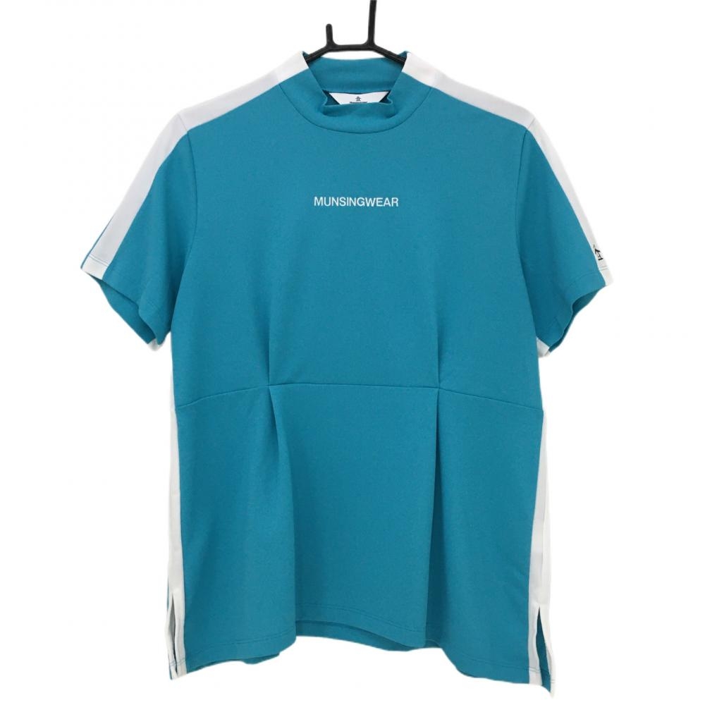 【美品】マンシングウェア 半袖ハイネックシャツ ライトブルー×白 袖ライン  レディース ＬＬ ゴルフウェア 2023年モデル Munsingwear