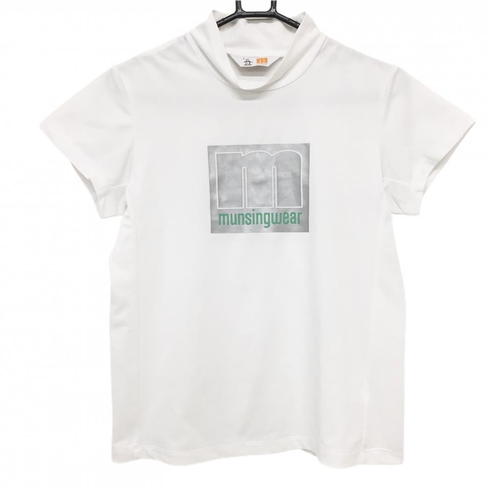 【美品】マンシングウェア 半袖ハイネックシャツ 白×シルバー フロントビッグロゴ レディース M ゴルフウェア 2023年モデル Munsingwear