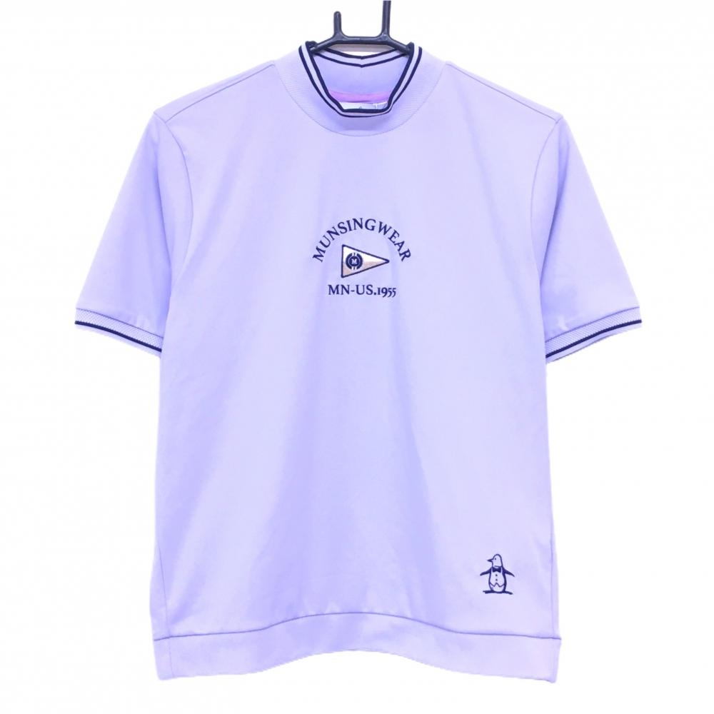 【新品】マンシングウェア 半袖ハイネックシャツ パープル×ネイビー ロゴ刺しゅう レディース M ゴルフウェア 2024年モデル Munsingwear