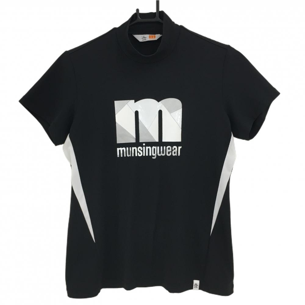 【超美品】マンシングウェア 半袖ハイネックシャツ 黒×白 フロントロゴ レディース L ゴルフウェア Munsingwear