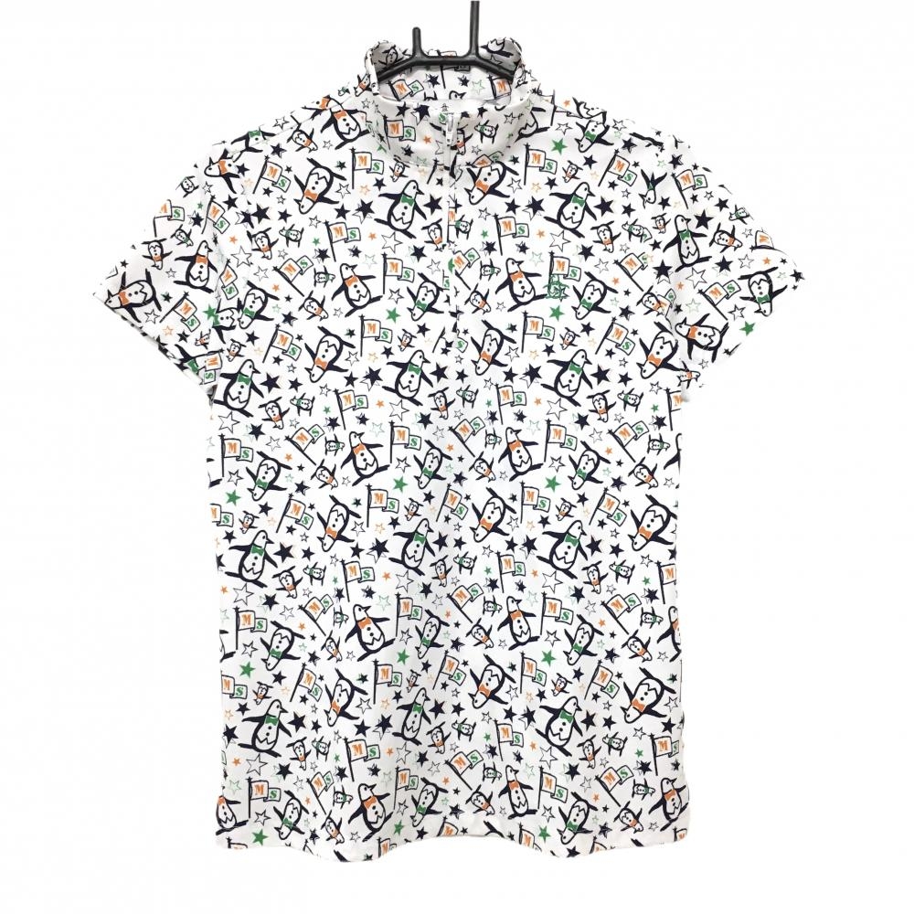 【超美品】マンシングウェア 半袖ハイネックシャツ 白×ネイビー ペンギン・星総柄 レディース L ゴルフウェア 2023年モデル Munsingwear