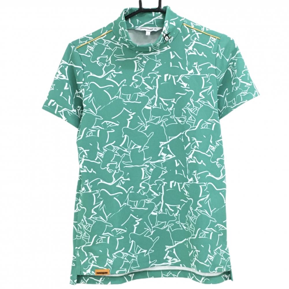 【超美品】マンシングウェア 半袖ハイネックシャツ グリーン×白 ペンギン総柄 レディース L ゴルフウェア Munsingwear